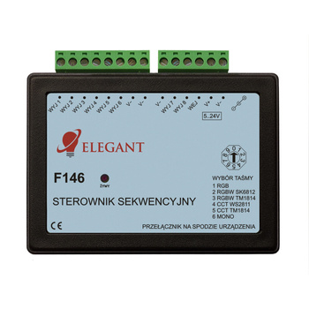 Uniwersalny sterownik korytarzowy F146 z 8 wyjściami RGB, RGBW, CCT oraz MONO, umożliwiający zwijanie i rozwijanie światła oraz efekt fali